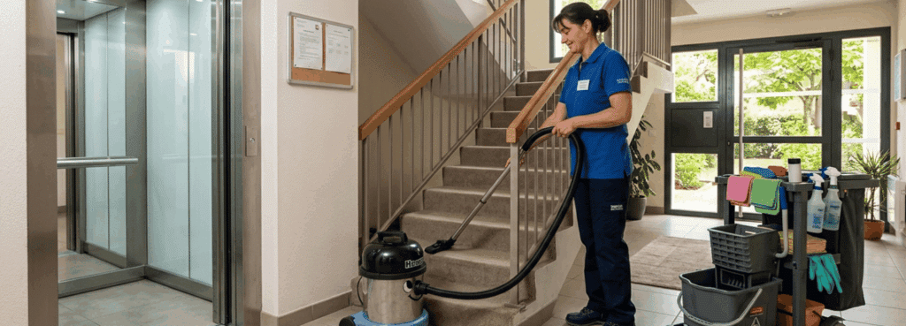 femme entrain de nettoyer parties communes d'un immeuble